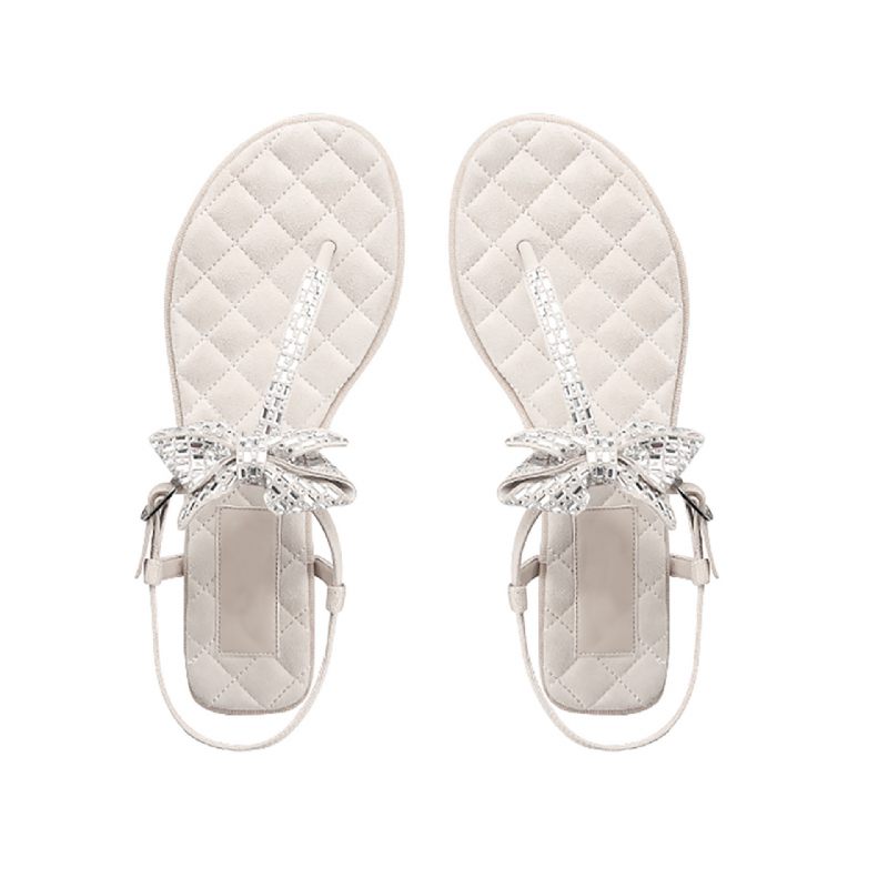 2024 Zomer Nieuwe Stijl Dikke Hak Strass Strik Platte Knijpsandalen Dames Strandsandalen