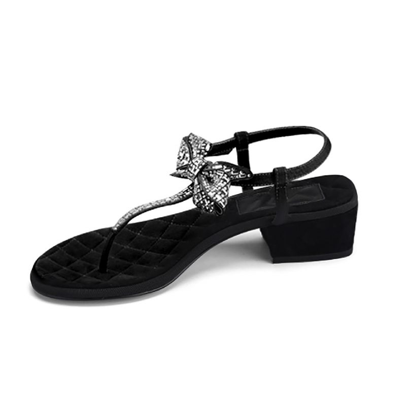 2024 Zomer Nieuwe Stijl Dikke Hak Strass Strik Platte Knijpsandalen Dames Strandsandalen