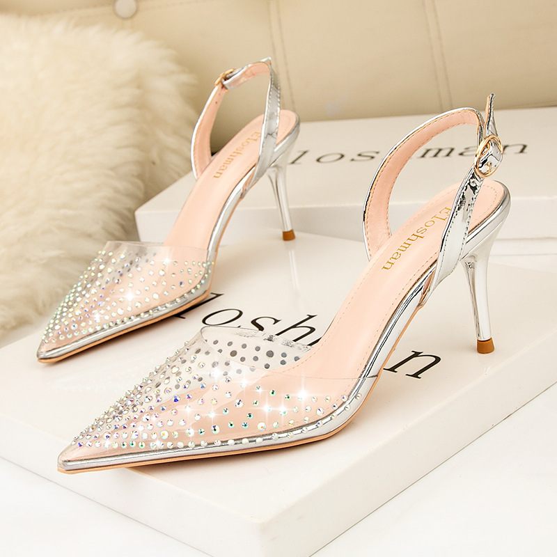 899-26 Puntige Neus Pomp Hoge Hakken Transparant Strass Mode Sandalen Stiletto Holle Damesschoenen