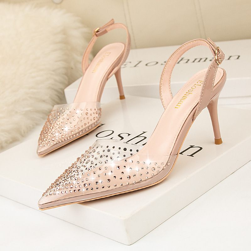 899-26 Puntige Neus Pomp Hoge Hakken Transparant Strass Mode Sandalen Stiletto Holle Damesschoenen