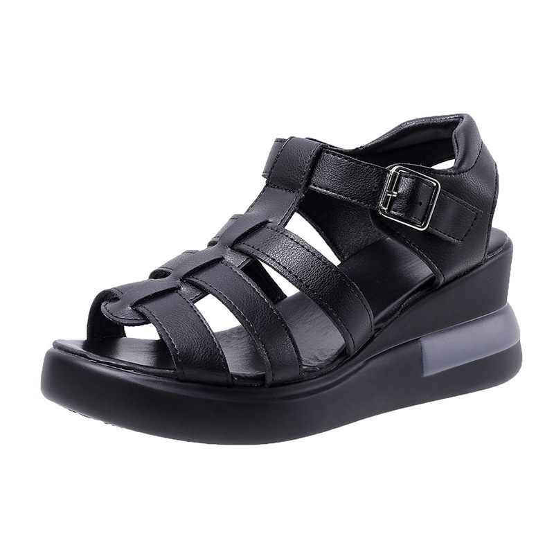 Holle Gesp Sandalen Vrouwelijke 2024 Zomer Nieuwe Open Teen Casual Retro Platte Romeinse Schoenen