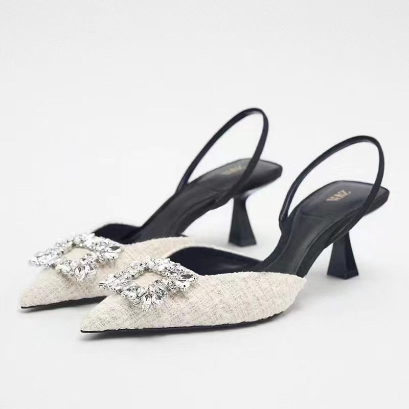 Lente En Zomer Nieuwe Damesschoenen Strass Vierkante Gesp Ingelegd Heldere Decoratie Slingback Hoge Hakken Puntschoen Stiletto Sandalen Voor Vrouwen