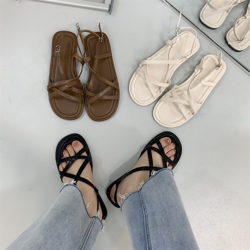 Platte Zwarte Sandalen Damesschoenen Nieuwe Zomer Retro Romeinse Schoenen