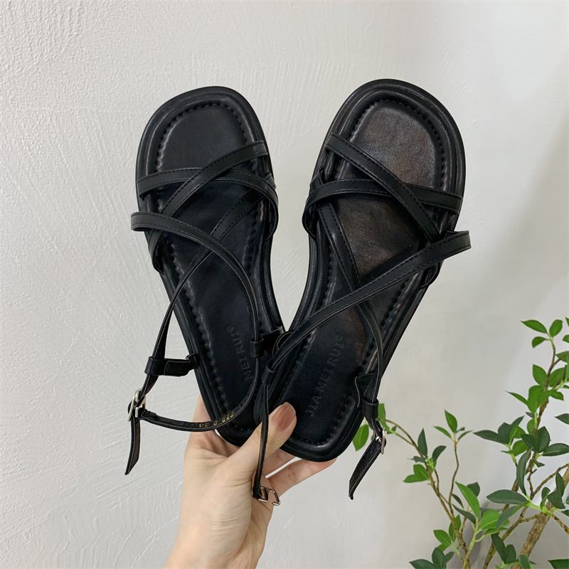 Platte Zwarte Sandalen Damesschoenen Nieuwe Zomer Retro Romeinse Schoenen