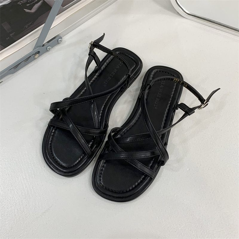 Platte Zwarte Sandalen Damesschoenen Nieuwe Zomer Retro Romeinse Schoenen