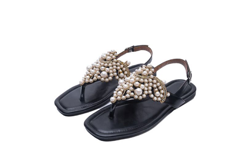 Sandalen Dames Zomer 2024 Strass Parel Platte Bodem Vierkante Neus Pinch Open Teen Toe Damesschoenen 41-43