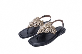 Sandalen Dames Zomer 2024 Strass Parel Platte Bodem Vierkante Neus Pinch Open Teen Toe Damesschoenen 41-43