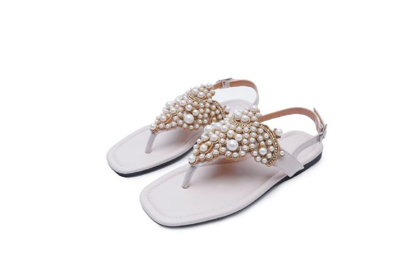 Sandalen Dames Zomer 2024 Strass Parel Platte Bodem Vierkante Neus Pinch Open Teen Toe Damesschoenen 41-43