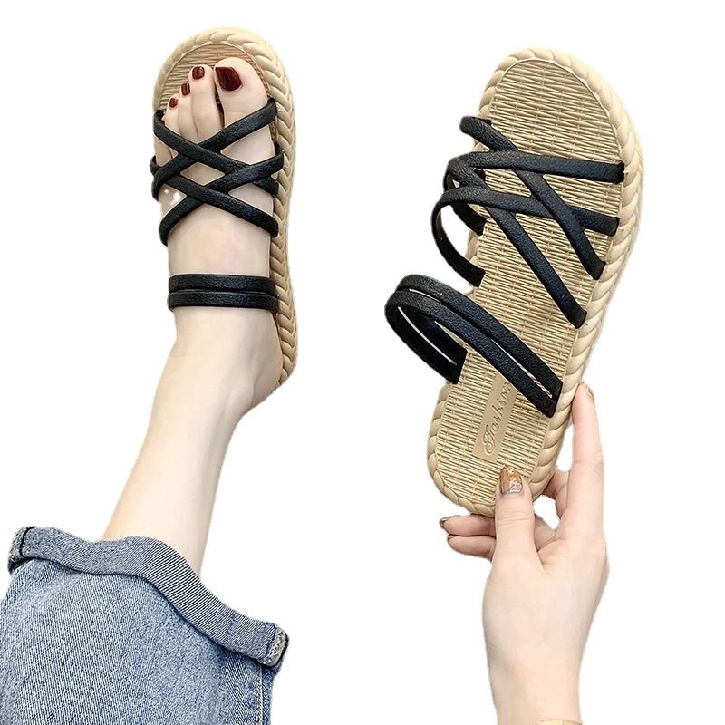 Slipper Dames 2024 Zomer Nieuwe Stijl Rome Platte Student Woord Sandalen Slippers