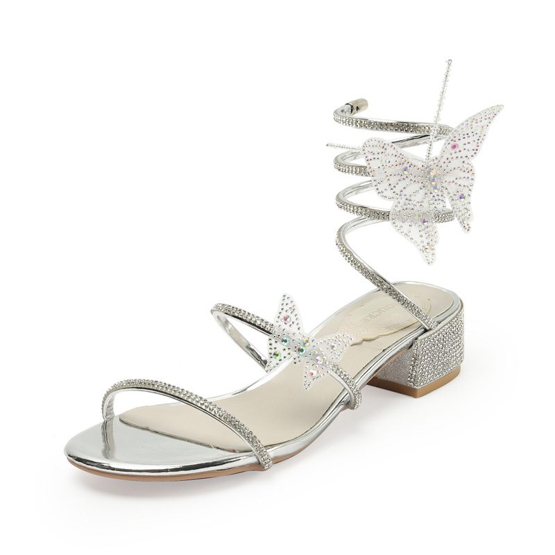 Strass Sandalen Dames Romeinse Damesschoenen Met Dikke Hakken 2024 Nieuw Een Woord Met Strik Knoop Kronkelende Schoenen Zomer