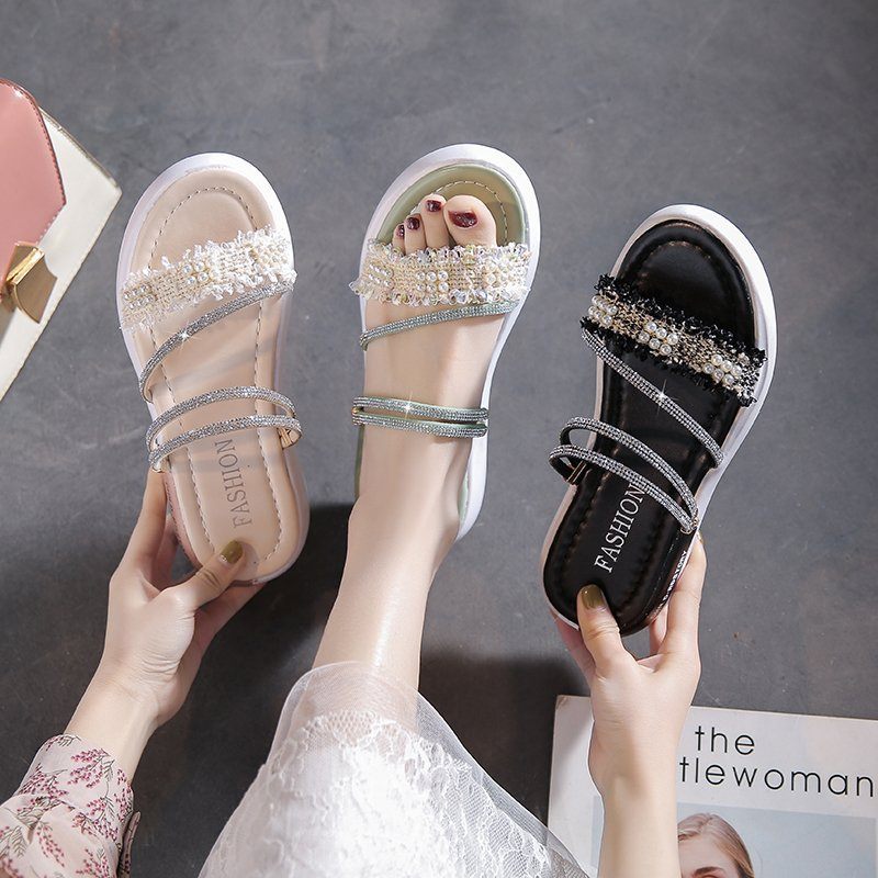 Strass Sandalen Vrouwen Platte Schoenen Zomer Nieuwe Student Parel Romeinse Slippers Tij