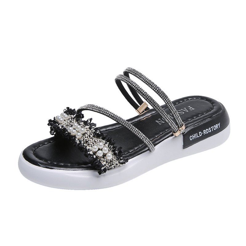 Strass Sandalen Vrouwen Platte Schoenen Zomer Nieuwe Student Parel Romeinse Slippers Tij