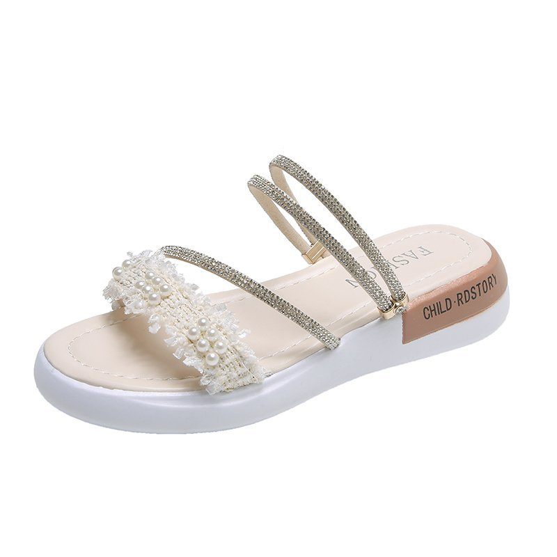 Strass Sandalen Vrouwen Platte Schoenen Zomer Nieuwe Student Parel Romeinse Slippers Tij