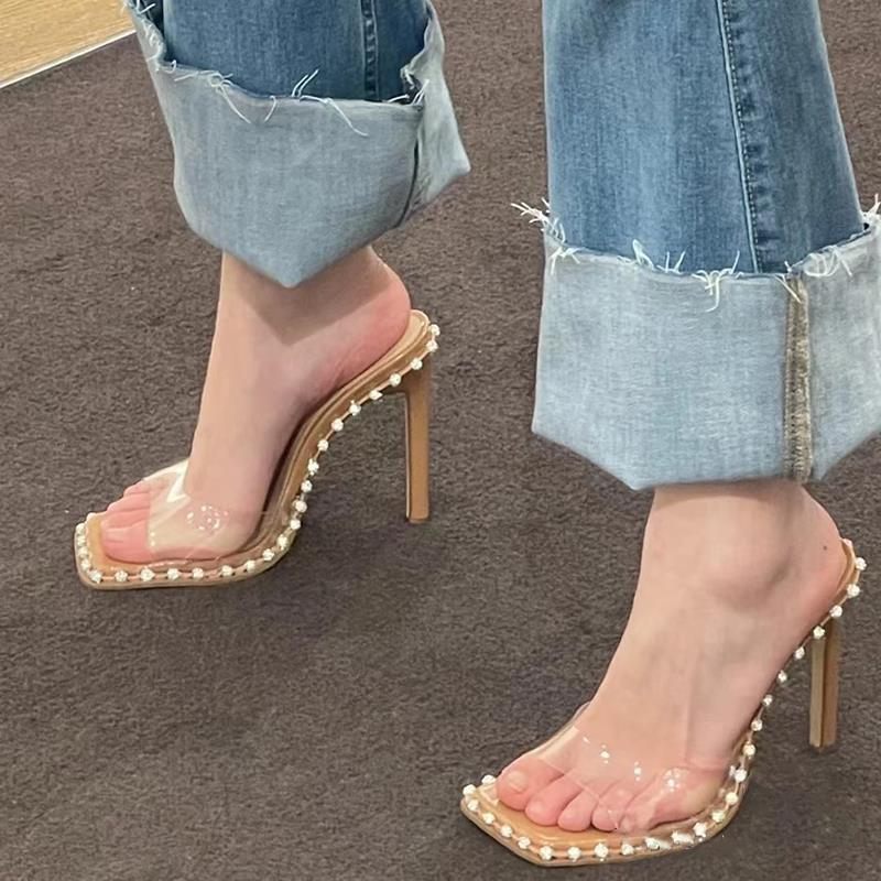 Transparante Sandalen Slippers Vrouwen 2024 Zomer Nieuwe Sexy Een Woord Riem Hoge Hakken Stiletto Temperament Strass